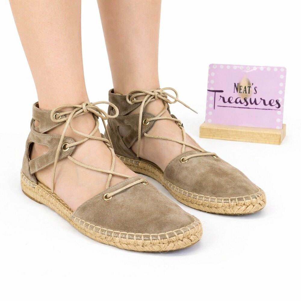 Maiden Lane GILT  Beige Suede Leather Espadrille Lace Up Flat Shoe Sz 6.5 EU 37